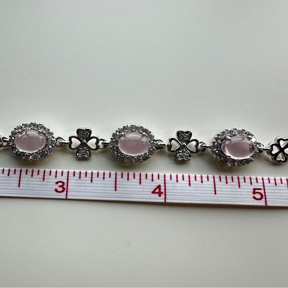 NEW - White Gold Plated 7.5" Bracelet w/ Pink Crystal CZ & Pave Clove Flower - Picture 8 of 10